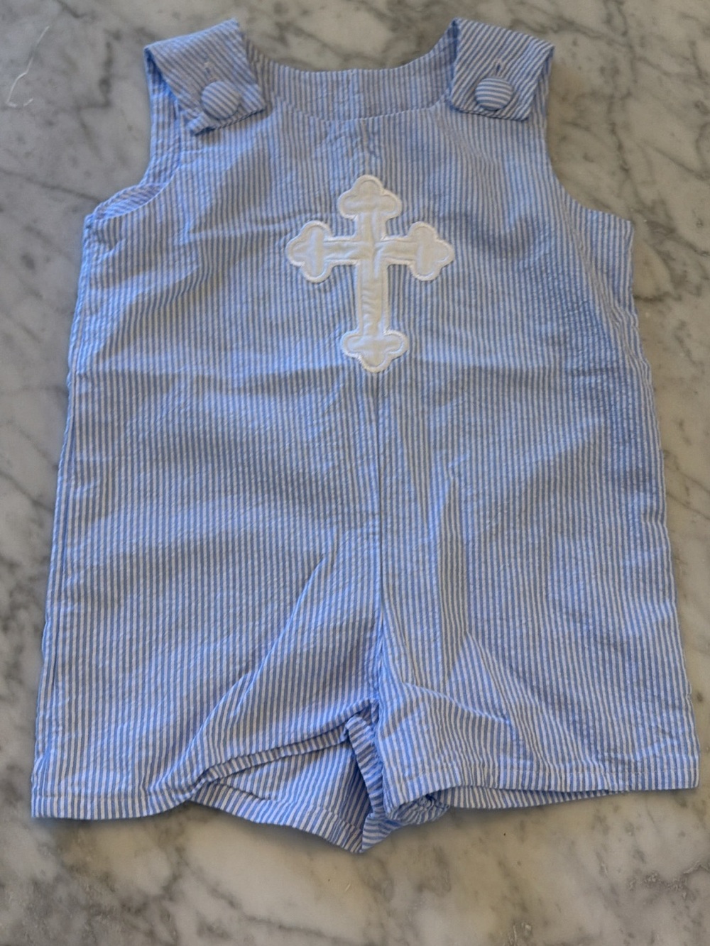 Blue Striped Kids One-Piece Romper with White Cross Applique
